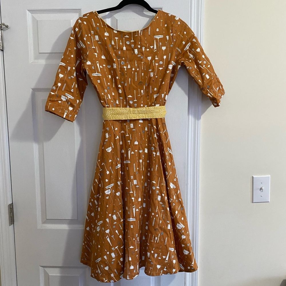 Palava Folk/Poppy/Bryony Mustard Tool Pattern 3/4 Sleeve Vintage Dress US4/UK8